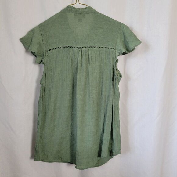 O.L.M. Medium Green Top Front Tie Gauze BOHO flutter sleeves crochet hippie EUC - Picture 2 of 10